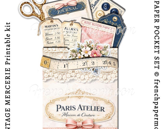 Vintage Sewing Printable Set French Romance Suffed Pocket Junk Journal Digital