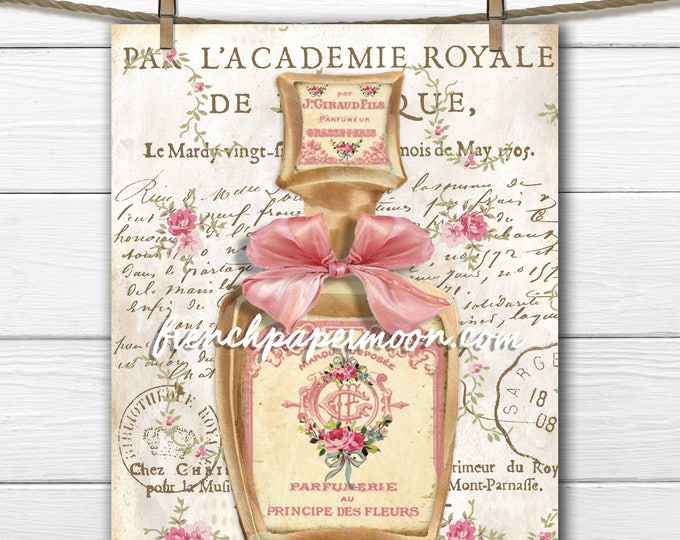 Shabby Vintage French Perfume Digital, Perfume Bottle Roses Bow Digital Download, French Pillow Graphic transfer