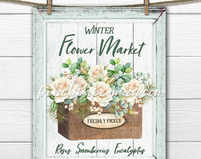 Shabby Flower Market, Digital Sign, Winter Floral Graphic, Xmas Bouquet, Pillow Image, DIY Xmas Sign, Printable Xmas, Transparent