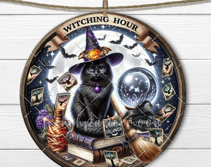 Spooky Halloween Sublimation Circle, Black Cat, Witching Hour, Spellbook, Tarot Card Broomstick, Potion Bottle, DIY Sign, Crafts, Home Decor