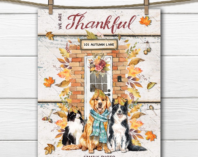 Thanksgiving Friends, Autumn Scene, Leaves, Front Door, Thankful, Fall Pets, Golden Retriever, Cats, Decor Sign, Fabric Transfer, Digital