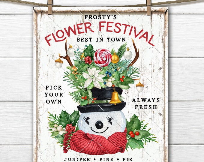 Cute Christmas Flowers Greenery Flower Festival Market Frosty Snowman, DIY Xmas Sign, Sign Making, Digital, Fabric Transfer, Wreath Accent