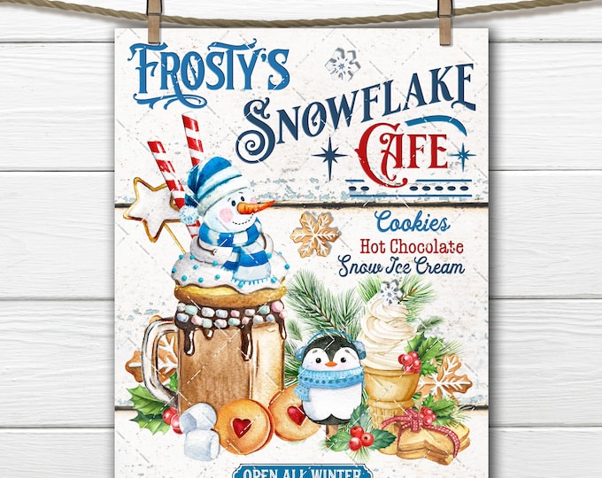 Frosty's Snowflake Cafe, Frozen Winter Sweets, Hot Cocoa, Penguin Ice Cream, Cookies, DIY Xmas Sign, Fabric Transfer, Tiered Tray Wall Decor