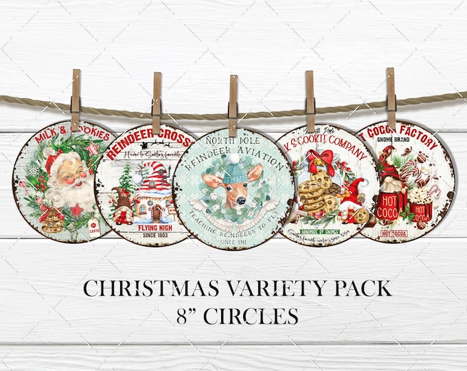 Christmas Circles, Sublimation Round Door Hanger Design, PNG, Gnomes, Santa, Deer, 8 inch, 5 designs, Wreath accent, Tiered tray decor