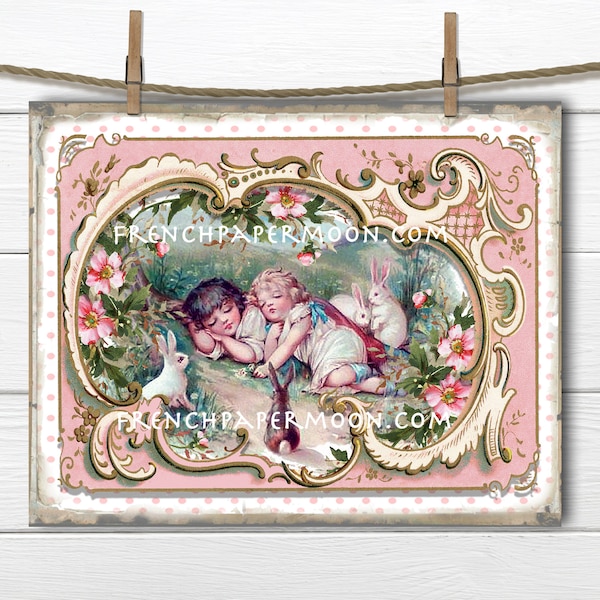 Shabby Chic Victorian Children, Sleeping Children, Easter Bunnies, French Frame, Pillow Image, Decoupage, Wreath Decor, Fabric Transfer, PNG