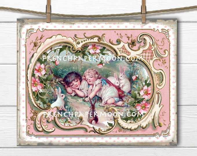 Shabby Chic Victorian Children, Sleeping Children, Easter Bunnies, French Frame, Pillow Image, Decoupage, Wreath Decor, Fabric Transfer, PNG