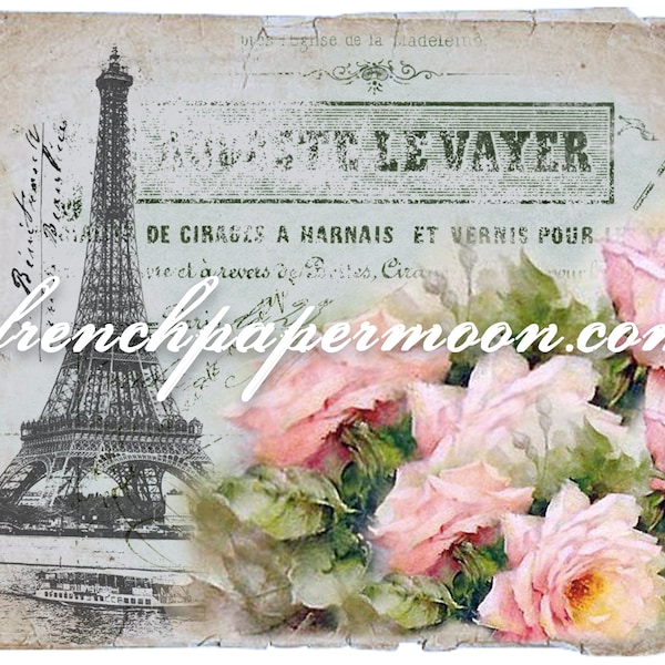 Vintage Digital Paris Postcard, Shabby Rose Eiffel Tower Graphic, French Pillow Transfer, Iron On Fabric, Paris Decoupage