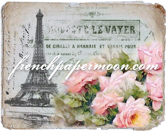 Vintage Digital Paris Postcard, Shabby Rose Eiffel Tower Graphic, French Pillow Transfer, Iron On Fabric, Paris Decoupage