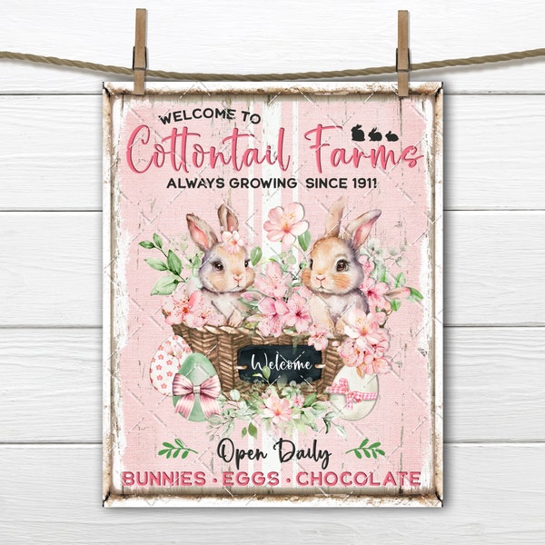 Cottontail Farms Easter Pink Baby Bunny Basket Cherry Blossoms Eggs DIY Sign Making Fabric Transfer Tiered Tray Home Decor Digital Print PNG