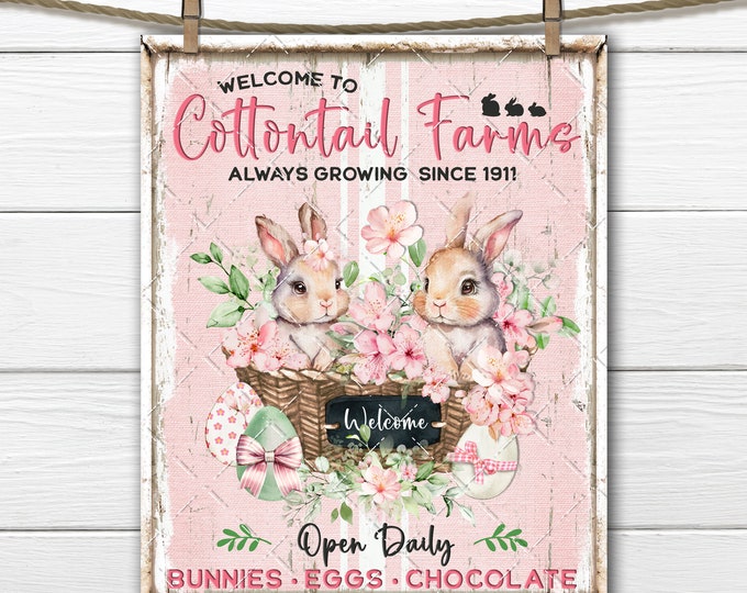 Cottontail Farms Easter Pink Baby Bunny Basket Cherry Blossoms Eggs DIY Sign Making Fabric Transfer Tiered Tray Home Decor Digital Print PNG