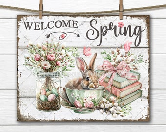 Farmhouse Welcome Spring Digital DIY Sign Teacup Bunny Pussy Willow Mason Jar DTF Transfer Scrapbooking Collage Home Decor Easter Gift Idea