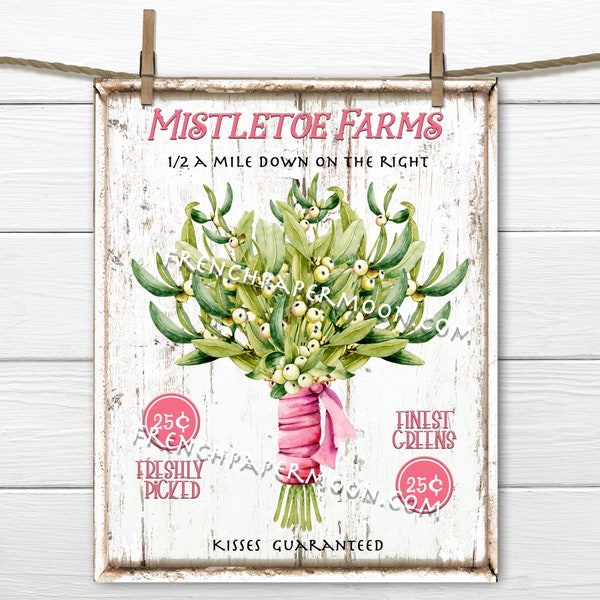 Mistletoe Bouquet, Mistletoe Farm, Christmas Greens, DIY Christmas Sign, Digital Print, Pink Xmas Sign, Watercolor Mistletoe, Image Transfer