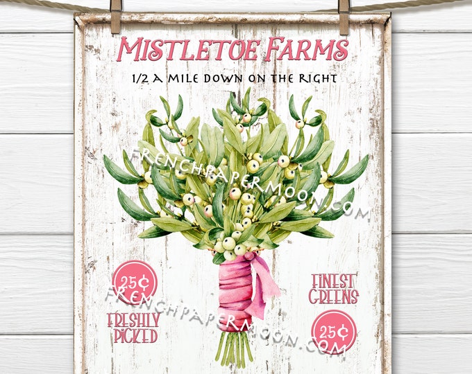 Mistletoe Bouquet, Mistletoe Farm, Christmas Greens, DIY Christmas Sign, Digital Print, Pink Xmas Sign, Watercolor Mistletoe, Image Transfer