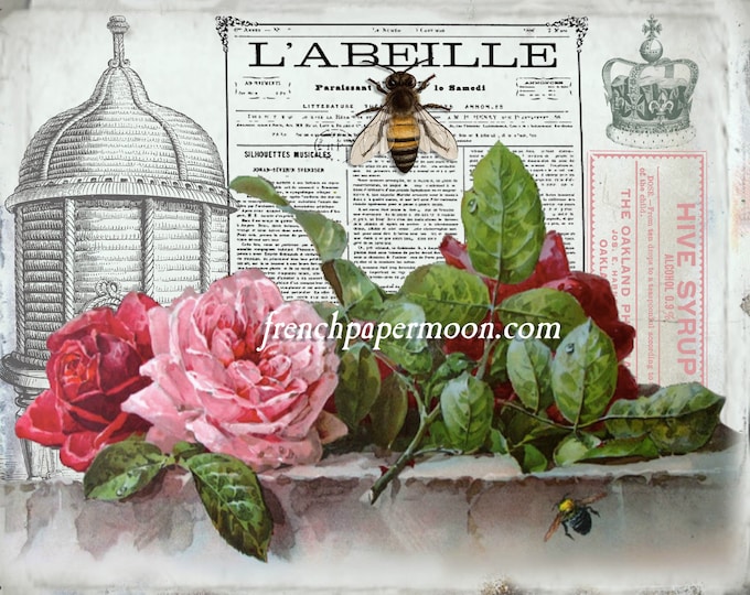 Shabby French Bee Graphic, Digital Vintage Bee Printable, French Bee Printable, Vintage Bee, Roses, Large Size Image transfer