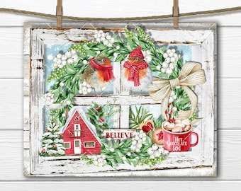 May include: A white wooden window frame with a wreath of greenery, white berries, and red cardinals. The wreath also includes a red house, a sign that says "Believe", and a red mug with the text "Hot Chocolate 100".