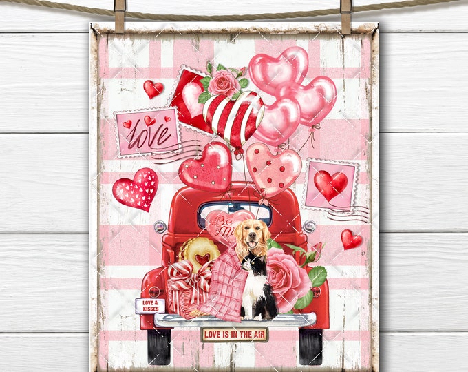 Valentine  Red Truck DIY Sign, Valentine Animals, Cat Dog, Pink Balloons, Animal Lover Digital Print, Wall Decor, Fabric Transfer, Crafts