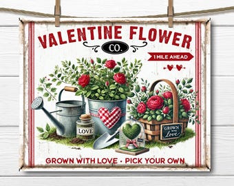 Valentine Flower Company Red Roses, Valentine Garden, Farmhouse Valentine PNG Sublimation, Fabric Transfer, Tiered Tray Decor, Digital DIY
