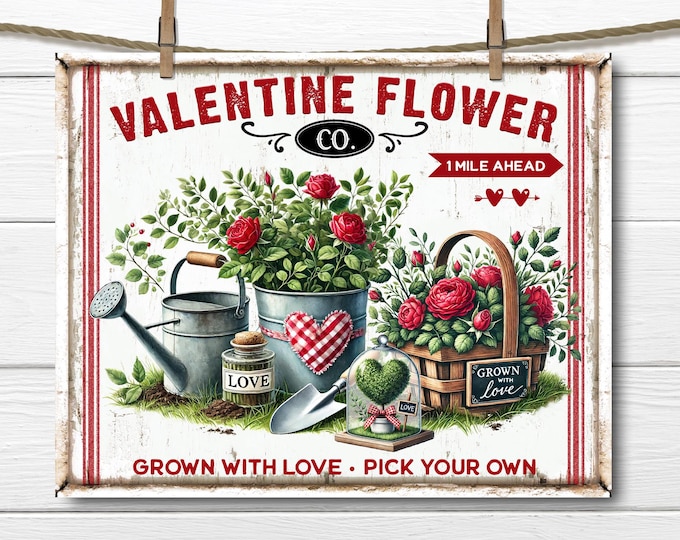 Valentine Flower Company Red Roses, Valentine Garden, Farmhouse Valentine PNG Sublimation, Fabric Transfer, Tiered Tray Decor, Digital DIY