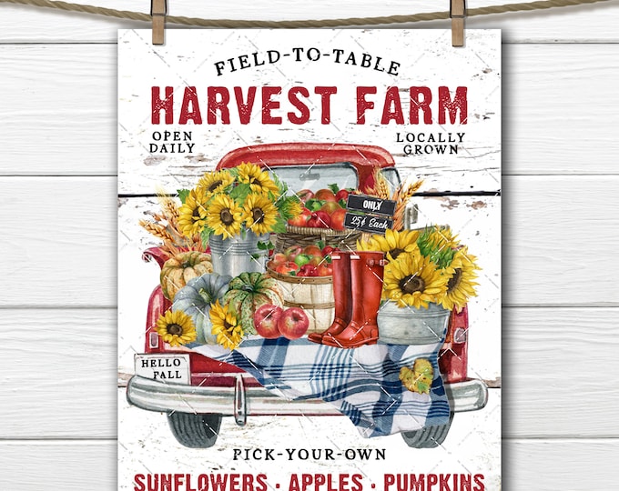 Harvest Truck Fall Pumpkins Sunflowers Apples, Farmhouse Home Decor Sign, Wreath Accent, Digital, Fabric Transfer, Autumn Decor Thanksgiving