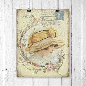 Victorian lady, French Vintage Digital Image, Yellow Hat, Vintage French Digital Collage Sheet, French Pillow Image