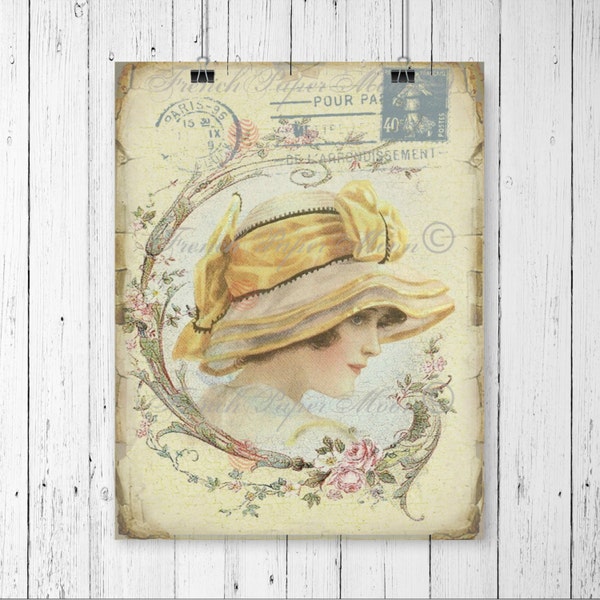 Victorian lady, French Vintage Digital Image, Yellow Hat, Vintage French Digital Collage Sheet, French Pillow Image