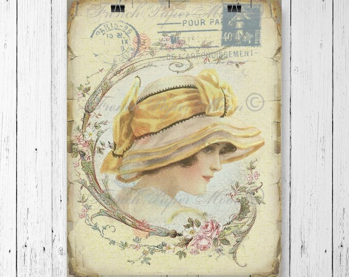 Victorian lady, French Vintage Digital Image, Yellow Hat, Vintage French Digital Collage Sheet, French Pillow Image