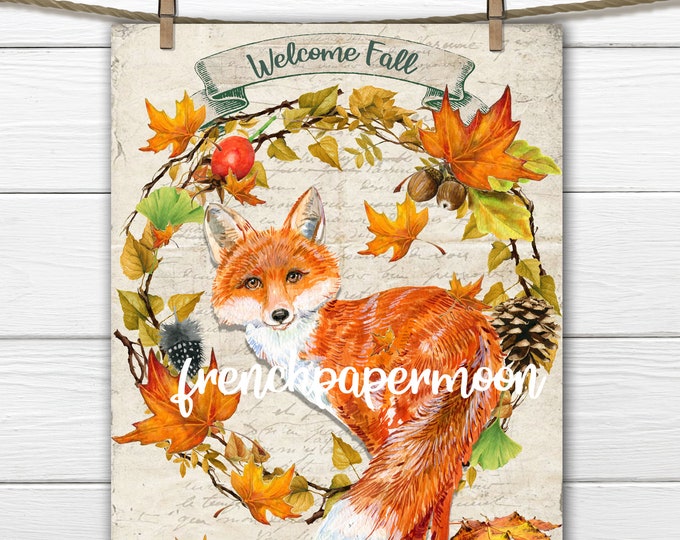 Cute Red Fox Digital Art Print, Welcome Fall DIY Sign, Autumn Wreath Decor, Wreath Accent, Fabric Transfer, Tiered tray Decor, Digital Print