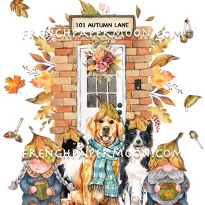 May include: A watercolor illustration of a brick house with a white door and a sign that reads "101 Autumn Lane".  A cat, a golden retriever, and a border collie are standing in front of the house, each wearing a leaf hat. Two gnomes are standing on either side of the animals, each holding a mug of hot cocoa.  The scene is surrounded by fall leaves.