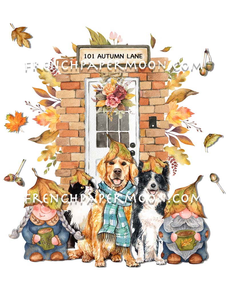 May include: A watercolor illustration of a brick house with a white door and a sign that reads "101 Autumn Lane".  A cat, a golden retriever, and a border collie are standing in front of the house, each wearing a leaf hat. Two gnomes are standing on either side of the animals, each holding a mug of hot cocoa.  The scene is surrounded by fall leaves.