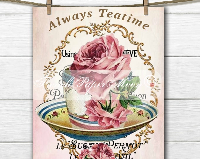 Shabby Digital Shabby Chic Teatime, Teacup with Roses, Instant Download printable Fabric Transfer Graphic