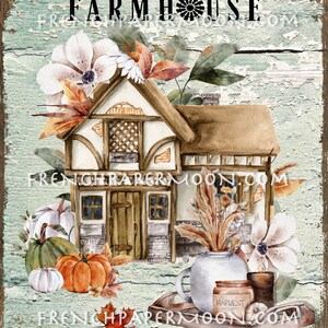 May include: Welcome to our Farmhouse sign with a watercolor illustration of a cottage, pumpkins, flowers, and a teapot on a tray. The sign has a rustic wood background with a distressed blue paint finish.