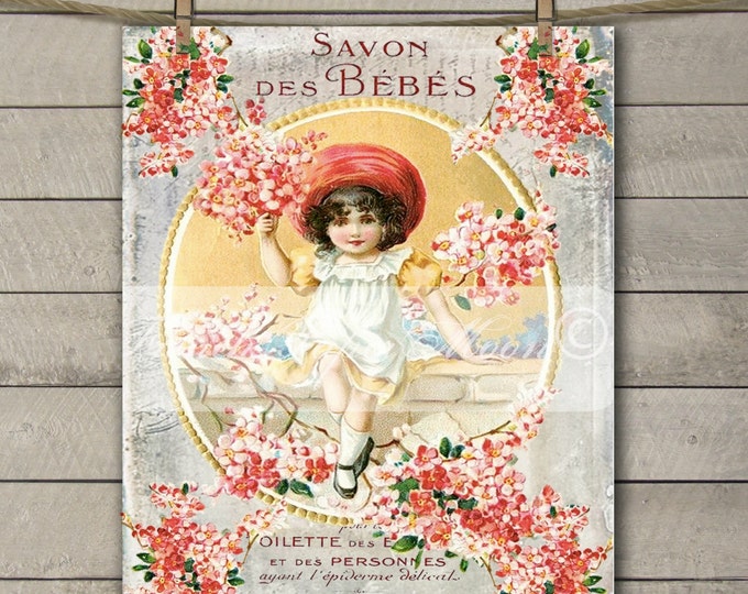 Vintage Shabby French Victorian Girl, Cherry Blossoms, French Soap Label, French Pillow Image. Graphic Transfer Printable