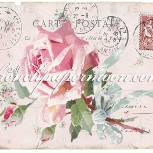Rose Digital Shabby Floral, Francuska pocztówka, Carte Postale, Francuska grafika transferowa, Obraz na poduszce, Prasowanie na tkaninie