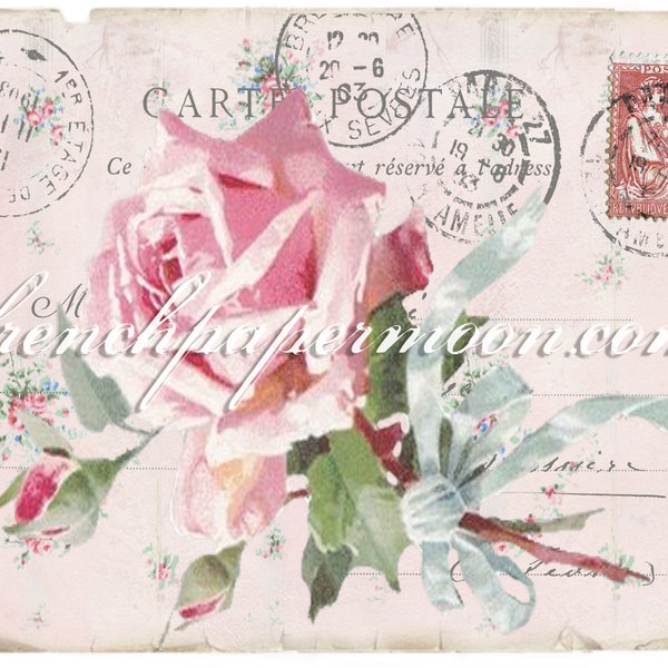 Rose Digital  Shabby Floral, French Postcard, Carte Postale, French Transfer Graphic, Pillow Image, Iron On Fabric