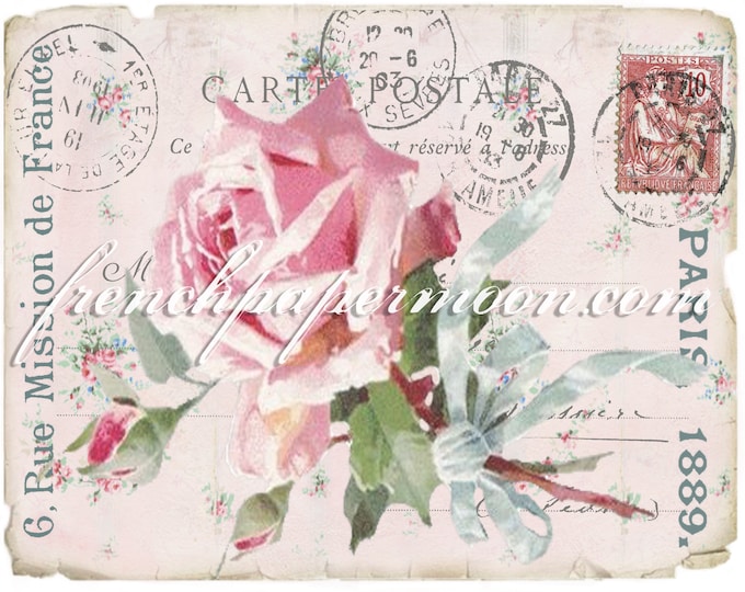 Rose Digital  Shabby Floral, French Postcard, Carte Postale, French Transfer Graphic, Pillow Image, Iron On Fabric