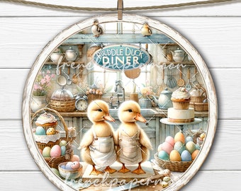 Easter Circle 8x8 inch PNG Puddle Duck Diner Cafe Ducklings DIY Signs Doorhanger Home Decor Easter Crafts Wreath Accent DTF Transfer Digital