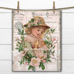 Shabby Vintage Girl segurando pintinhos Gráfico Digital Tipografia Francesa Coroa de Rosas Download Instantâneo Artesanato de Páscoa
