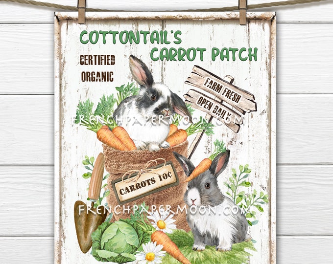 Easter Bunny, Carrot Patch, Cottontail, Farmhouse DIY Easter Sign, Bag of Carrots, Rabbits, Spring Garden, Pillow Image, Wreath Attachment