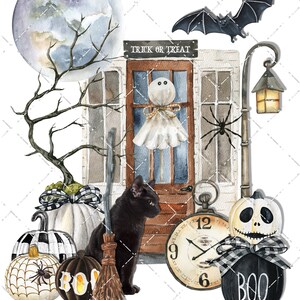 May include: A watercolor illustration of a Halloween scene with a black cat, pumpkins, a ghost, a spider, a bat, a broom, a clock, and a sign that says "Trick or Treat".
