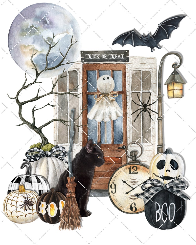 May include: A watercolor illustration of a Halloween scene with a black cat, pumpkins, a ghost, a spider, a bat, a broom, a clock, and a sign that says "Trick or Treat".