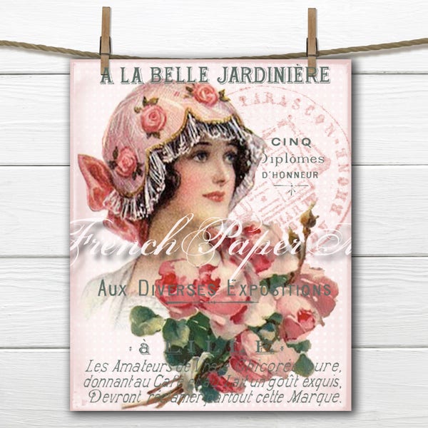 Shabby Parisian Lady, Vintage Digital Lady, French Typography, Vintage French Romance, Roses, Pillow Image, Large Transfer Graphic