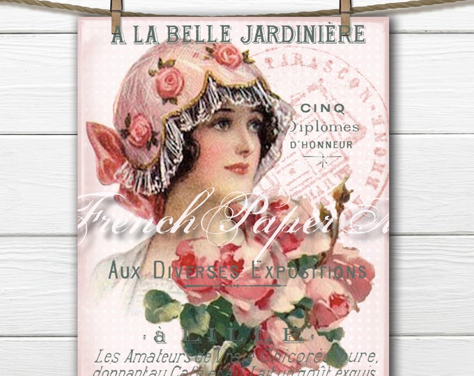 Shabby Parisian Lady, Vintage Digital Lady, French Typography, Vintage French Romance, Roses, Pillow Image, Large Transfer Graphic