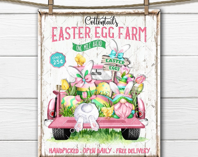 Easter Egg Truck, Easter Gnome, Farmhouse, DIY Sign, Flowers, Bunny Tail, Pink Truck, Fabric Transfer, Tiered Tray Decor, Digital Print