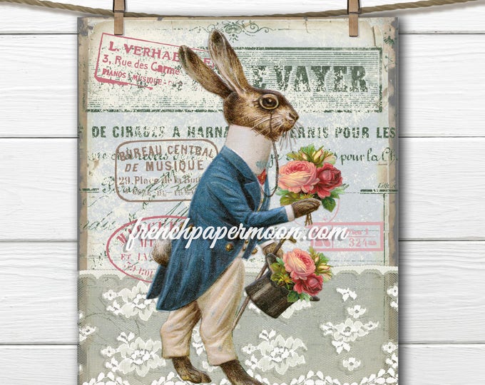 French Vintage Easter Rabbit Large Image Instant Digital Download Printable Antique Style Bunny Graphic Transfer