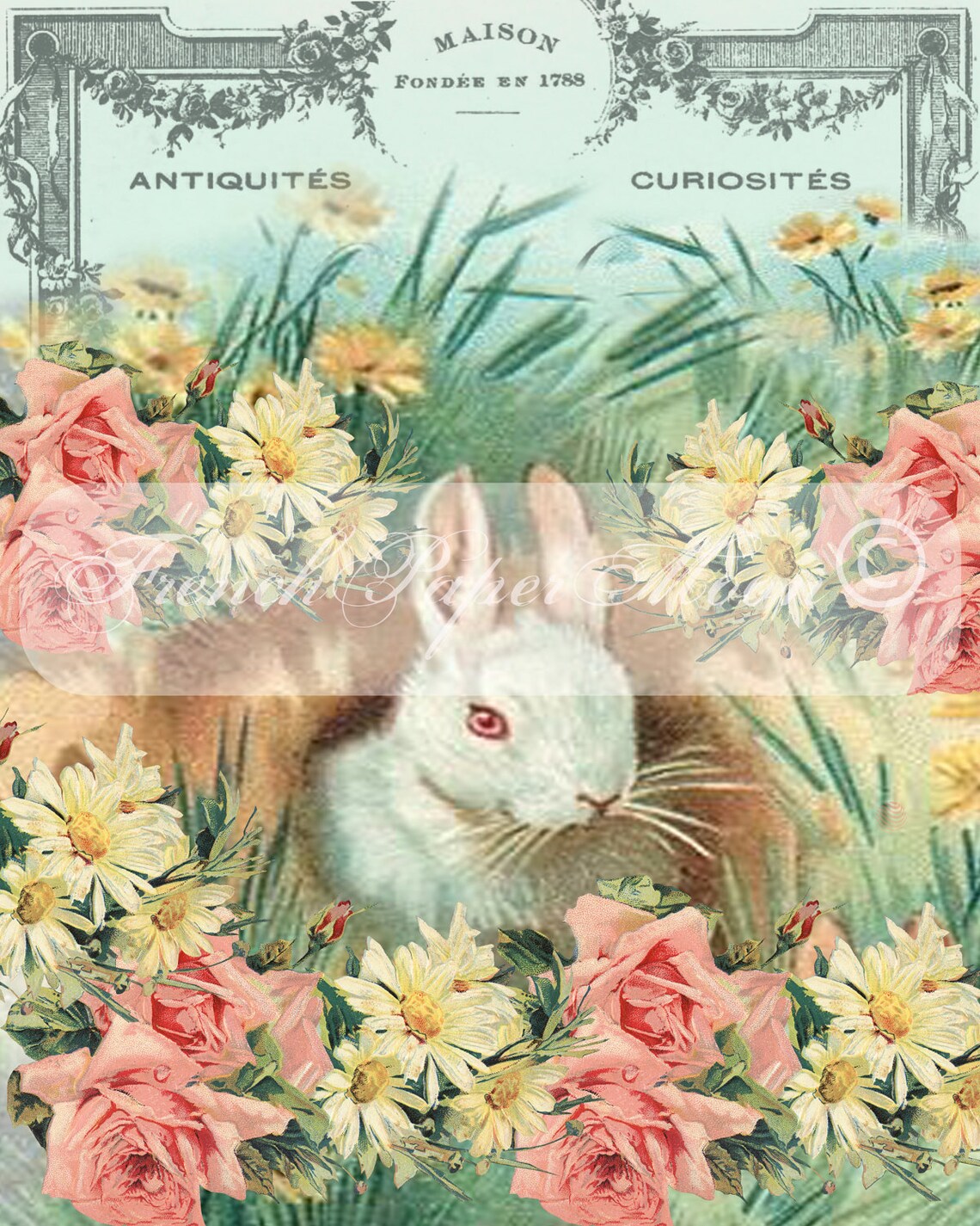 Digital Shabby Chic Bunny Rabbit Flowers French Typography Etsy