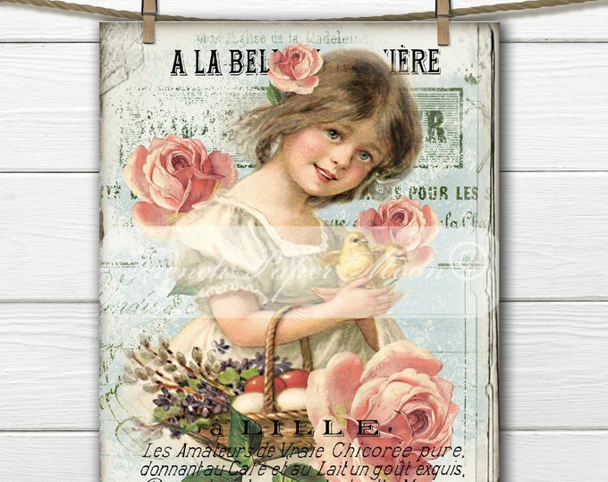 Shabby Victorian Girl, Chicks, Roses, French Typography, French Pillow Digital Graphic Transfer, Graphic Transfer