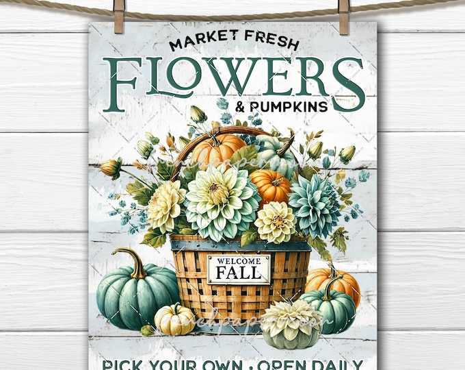 Market Fresh Pumpkins Fall Flowers DIY Sign Making Sublimation Tiered Tray Home Decor  Print Teal Orange PNG Craft Supply Wall Art Print PNG