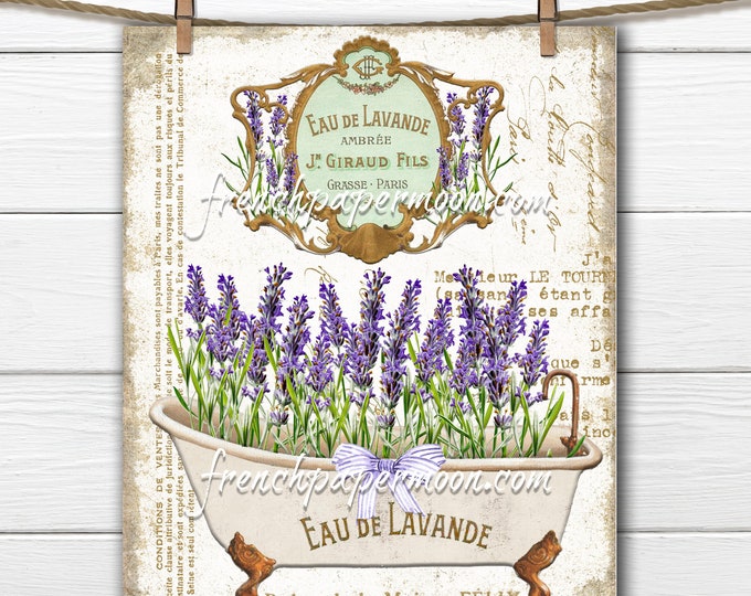 Shabby FRENCH BATHTUB Lavender, Victorian Bath, Spring Salle de Bain, French Bathroom Decor Digital Download, Image Transfer French Perfume