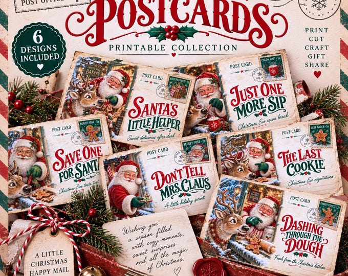Old Fashioned Santa Postcard Bundle, Retro Reindeer Junk Journal, Printable Gift Set DIY Crafts