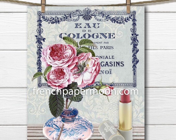 Vintage French Boudoir Print, Perfume Roses Lipstick, Bathroom Bedroom French Print, French Pillow Image, Graphic Transfer, Digital